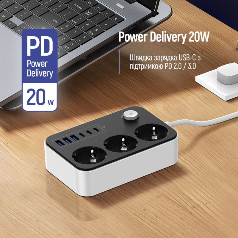 Фільтр живлення ColorWay 20W (3 USB-A + 3 TYPE-C) 3 розетки, 6 USB, 2 м, чорний (CW-CHE36PDB)