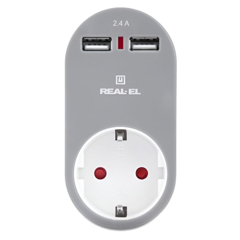 Мережевий зарядний USB-пристрій з розеткою REAL-EL CS-20, білий-сірий (EL123160002)
