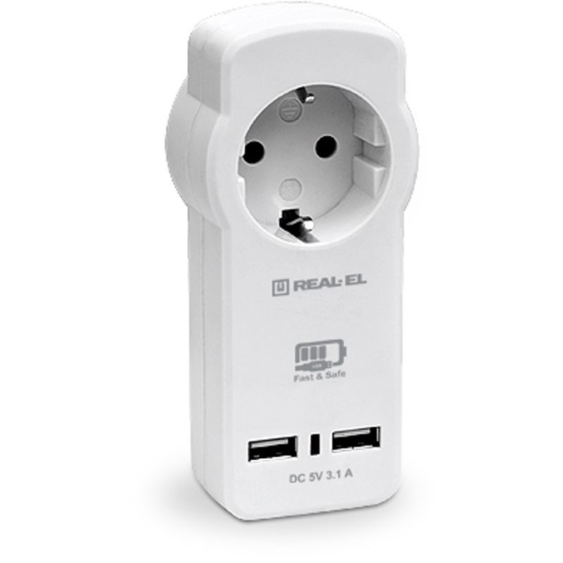 Мережевий зарядний пристрій з розеткою REAL-EL CS-30 (2USB, 3.1A) White (EL123160007)