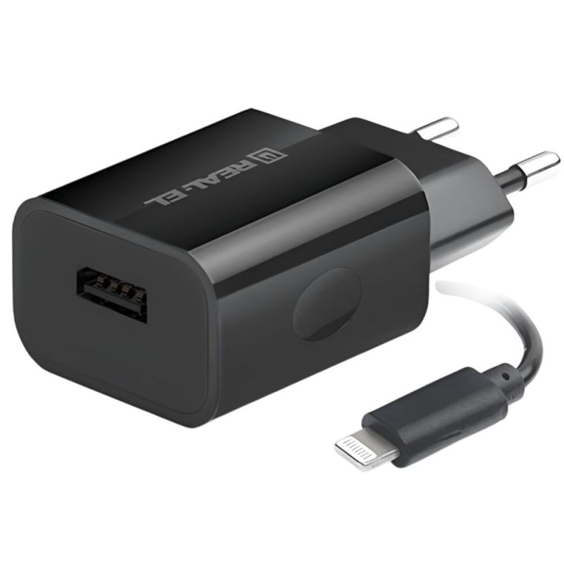 Сетевое зарядное устройство REAL-EL CH-217 (2USB, 2.1A) Black + кабель Lightning (EL123160016)