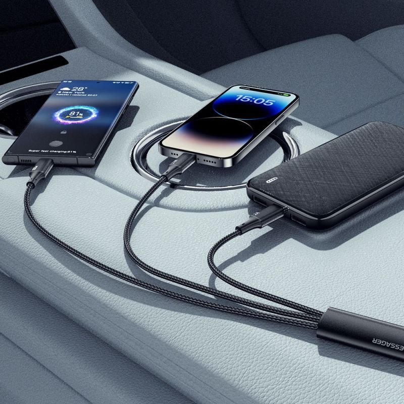 Кабель Essager Simple 3 in 1 USB - MicroUSB+USB Type-C+Lightning (M/M), 100W, 1.2 м Black (EXCMTL-JJ01-P)