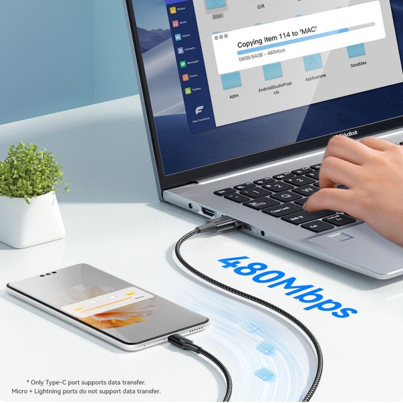 Кабель Essager Simple 3 in 1 USB - MicroUSB+USB Type-C+Lightning (M/M), 100W, 1.2 м Black (EXCMTL-JJ01-P)