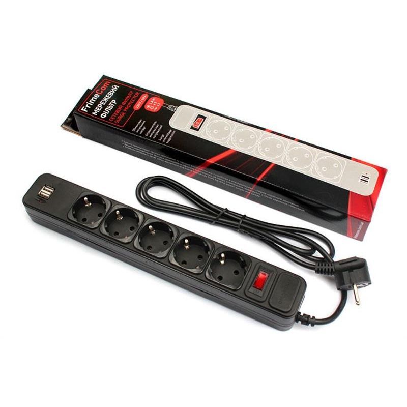 Фільтр живлення FrimeCom 5 розеток, 2хUSB, 1.8 м, чорний (FC-BU4005W 1.8 B)