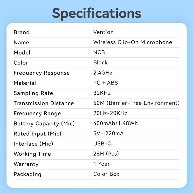 Мікрофон Vention USB Type-C 2-Pack Wireless Lavalier Black (NCBB0)