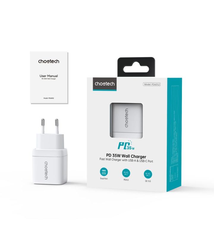 Мережевий зарядний пристрій Choetech (USB-C+USB-A) White (PD6052-EU-WH)