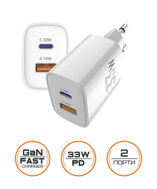 Сетевое зарядное устройство Sigma mobile X-power 33W GaN, PD, QC (1xUSB-C + 1xUSB-A) White (PS33-01)