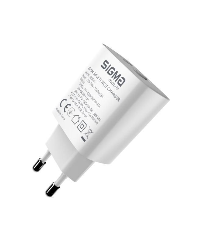 Мережевий зарядний пристрій Sigma mobile X-power 33W GaN, PD, QC (1xUSB-C + 1xUSB-A) White (PS33-01)