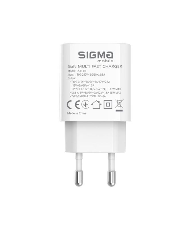 Сетевое зарядное устройство Sigma mobile X-power 33W GaN, PD, QC (1xUSB-C + 1xUSB-A) White (PS33-01)