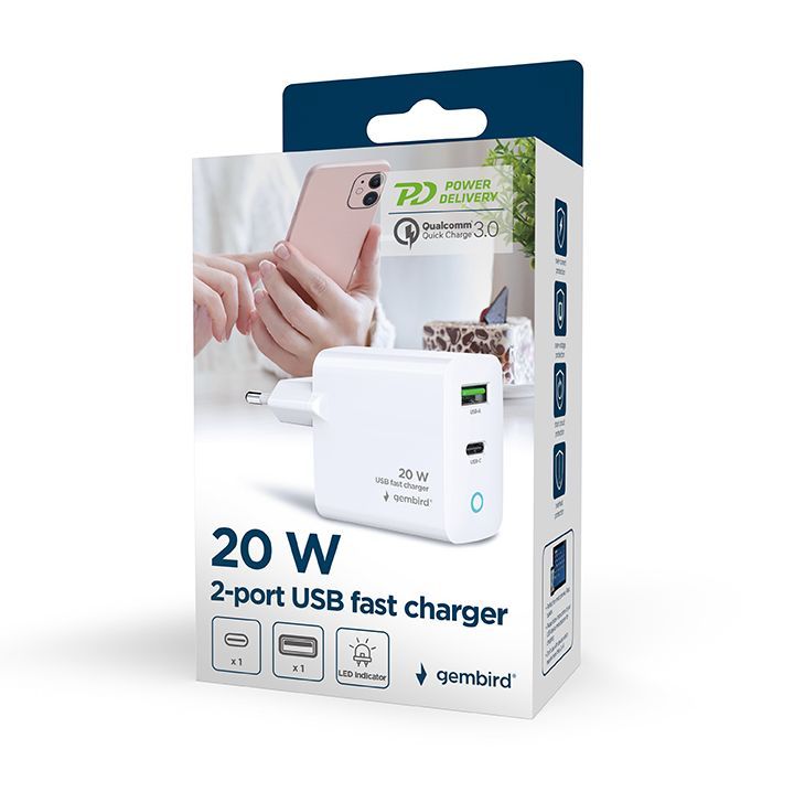 Мережевий зарядний пристрій Gembird (1USBх3A 18W + 1USB-Cх3A 20W) White (TA-UC-PDQC20L-W-01)