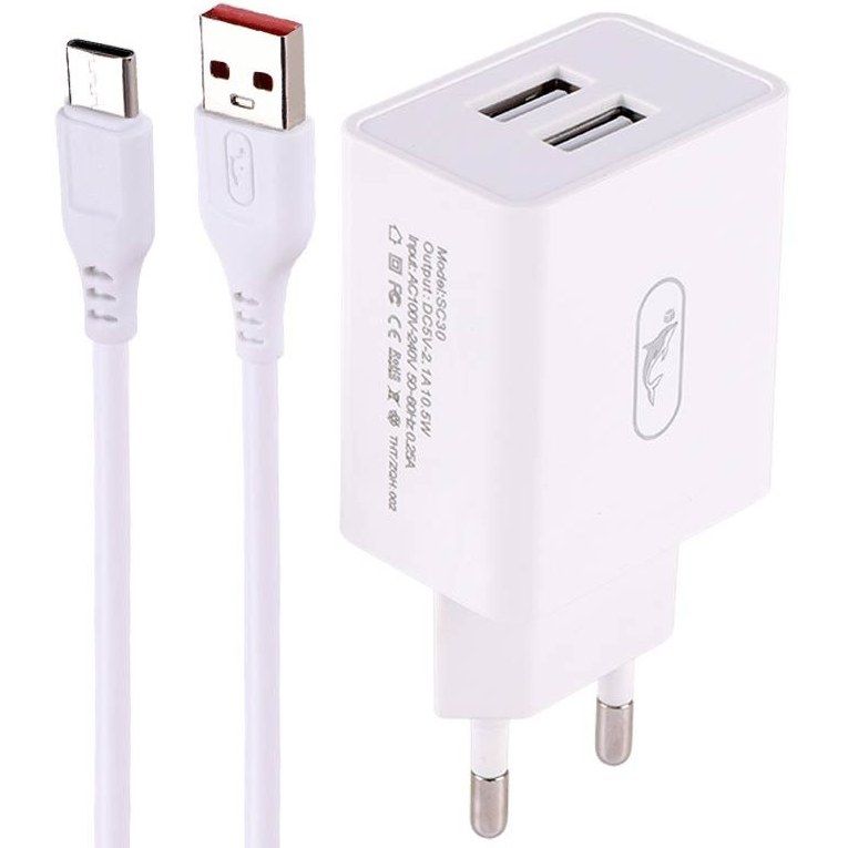 Зарядний пристрій SkyDolphin SC30T (2USB, 2.1A) White + кабель Type-C (SDMZP-000113)