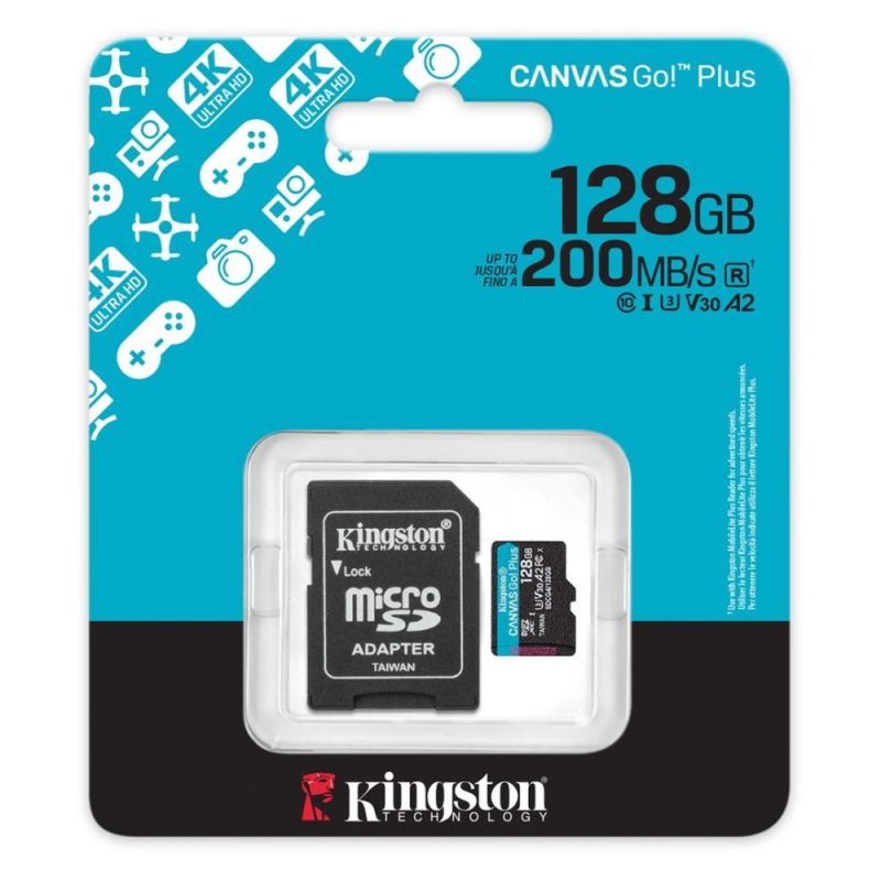 Карта памяти MicroSDXC  128GB UHS-I/U3 Class 10 Kingston Canvas Go! Plus R200/W200MB/s + SD-адаптер (SDCG4/128GB)