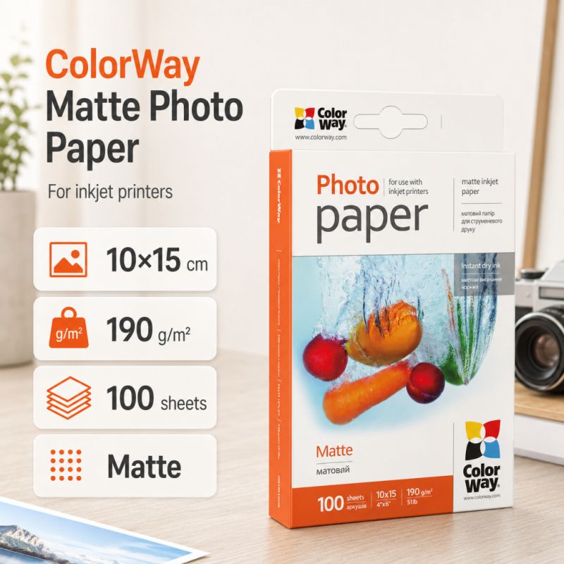 Фотопапір ColorWay 10x15 190г matte, 100с (PM1901004R)