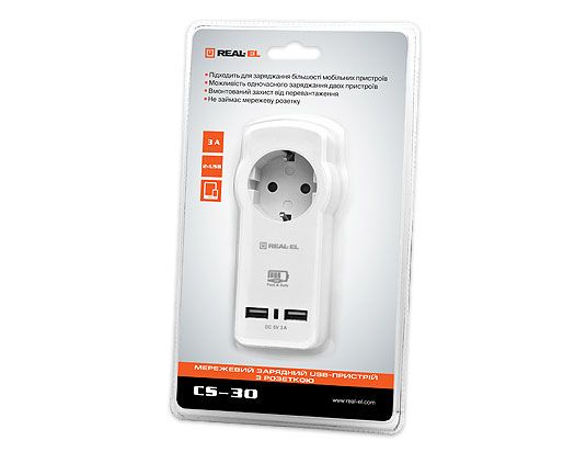 Мережевий зарядний пристрій з розеткою REAL-EL CS-30 (2USB, 3.1A) White (EL123160007)