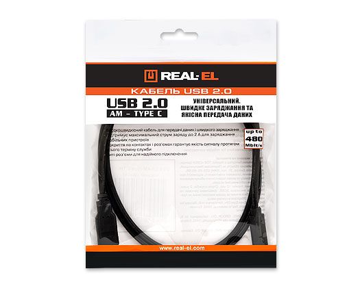 Кабель REAL-EL USB - USB Type-C V 2.0 (M/M), 1 м, черний (EL123500016)