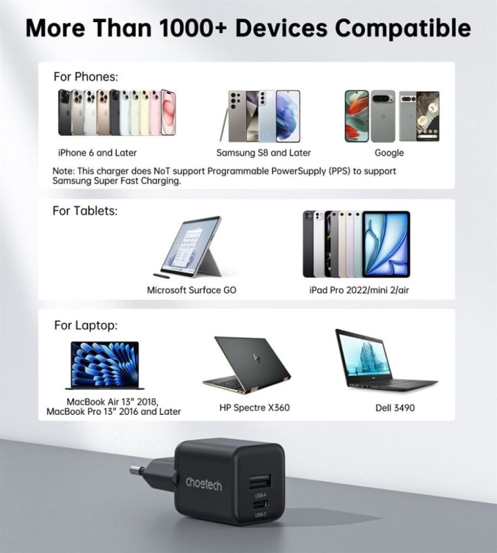 Сетевое зарядное устройство Choetech (USB-C+USB-A) Black (PD5012-EU-BK)