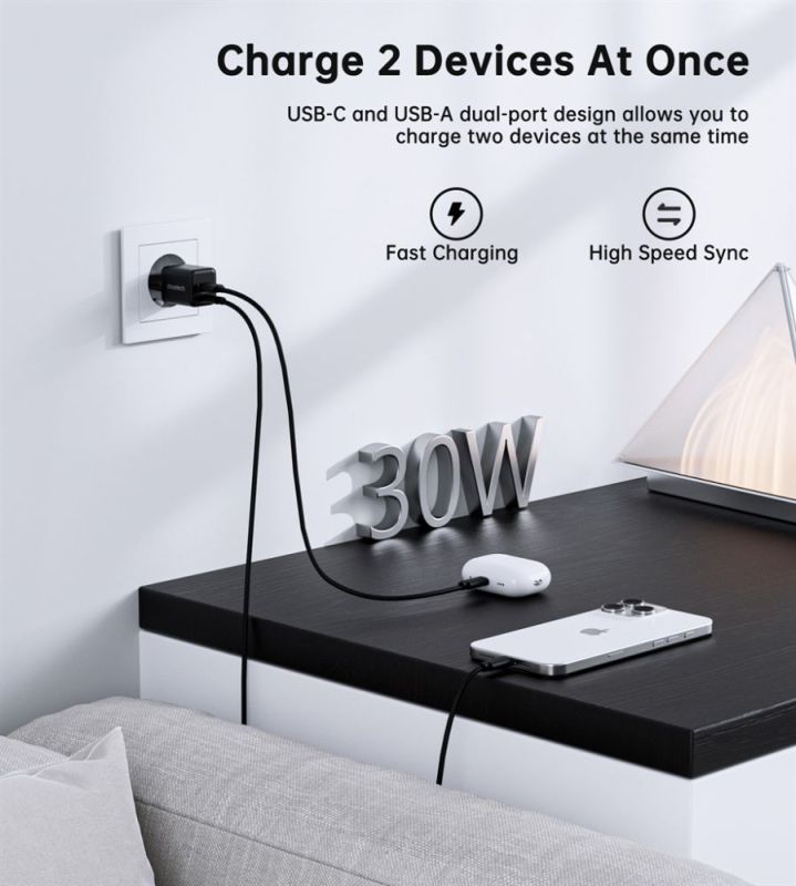 Мережевий зарядний пристрій Choetech (USB-C+USB-A) Black (PD5012-EU-BK)