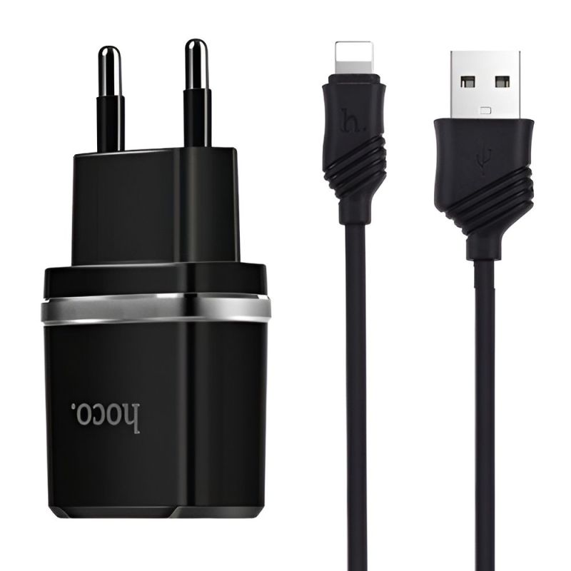 Сетевое зарядное устройство Hoco C12 Smart 2.4A 2USB Black + кабель Lightning (S23146)