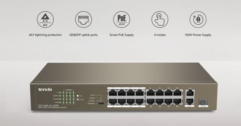 Комутатор Tenda (TEF1118P-16-150W)