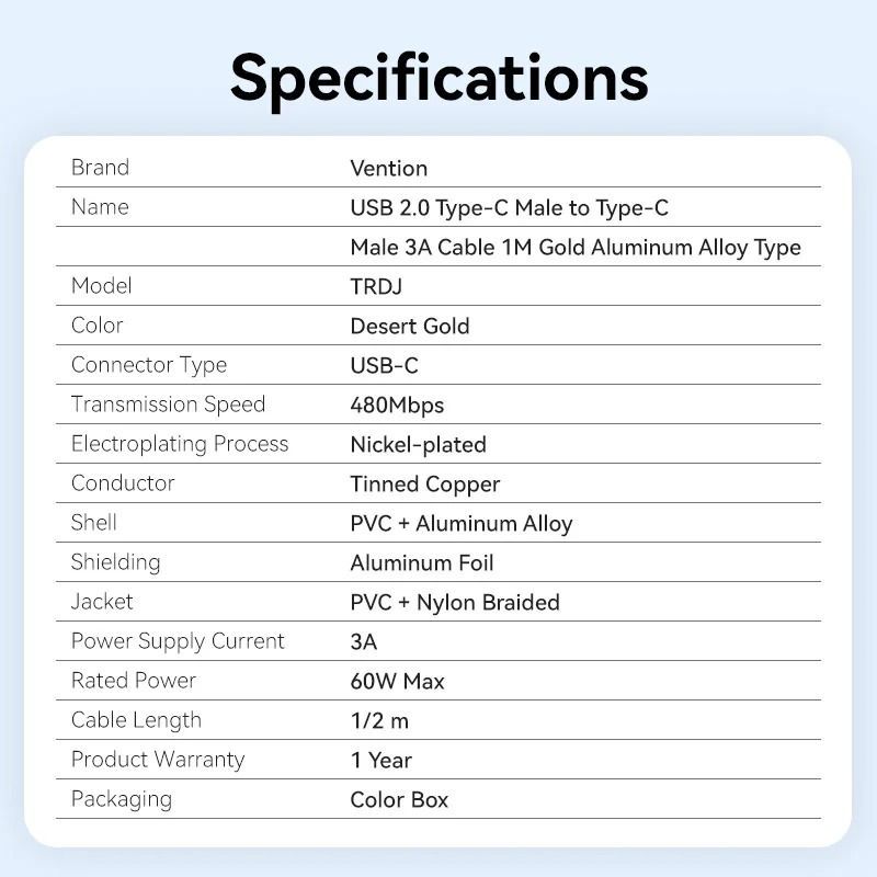 Кабель Vention USB Type-C - USB Type-C (M/M), 60W, 3A, 2 м, Copper (TRDJH)