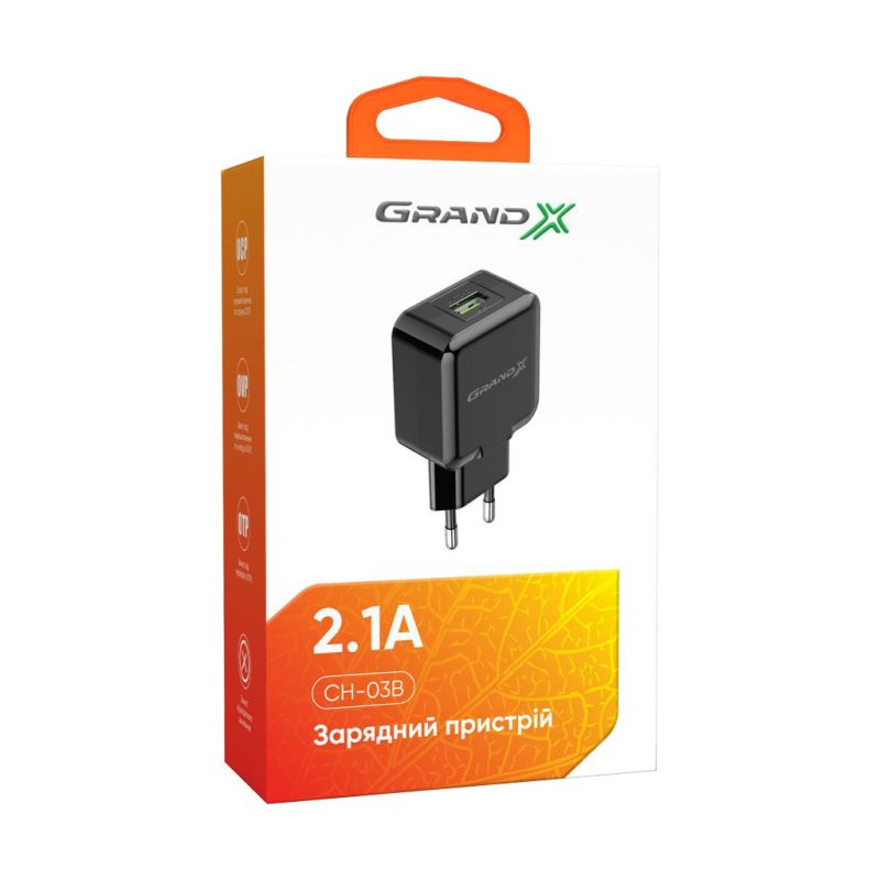 Зарядное устройство Grand-X (5V/2,1A) Black (CH-03B)
