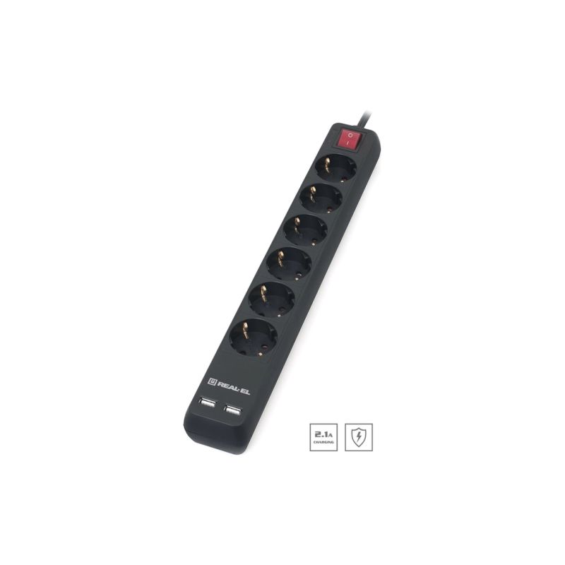Сетевой фильтр питания REAL-EL REAL-EL RS-6 PROTECT USB, 5m, black (EL122300018)