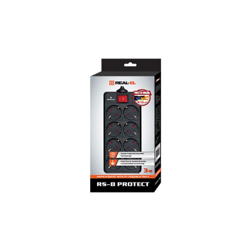 Сетевой фильтр питания REAL-EL REAL-EL RS-8 PROTECT, 1.8m, black (EL122300021)