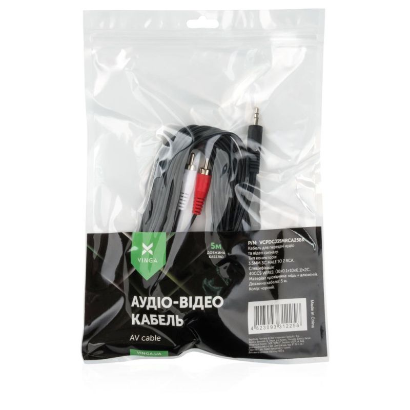 Кабель мультимедийный 3.5mm M to 2xRCA M 5.0m Vinga (VCPDCJ35MRCA25BK)