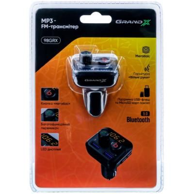 FM модулятор Grand-X (98GRX) MegaBass, Bluetooth V5.0 MicroSD, 2USB , MegaBass, han (98GRX)