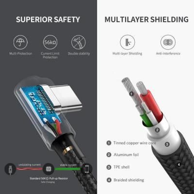 Дата кабель USB 2.0 AM to USB-C 1.0m 90° corner braid black Ugreen (50941)