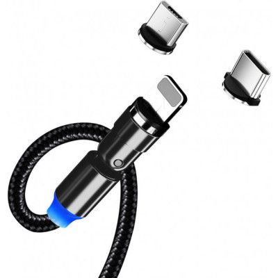 Дата кабель USB 2.0 AM to Lightning + Micro 5P + USB-C 1.0m Magnetic Ro ColorWay (CW-CBUU037-BK)