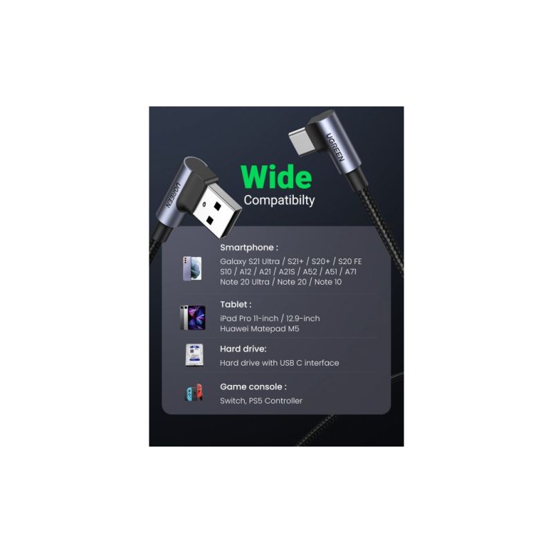 Дата кабель USB 2.0 AM to USB-C 1.0m 3A 90° corner US176 black Ugreen (20856)