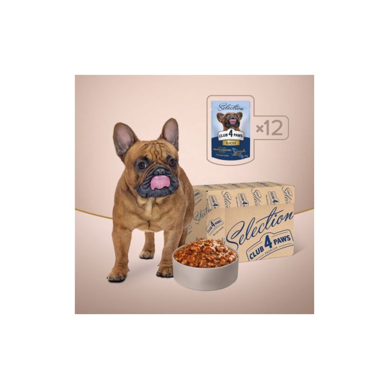 Влажный корм для собак Club 4 Paws Selection Плюс Кусочки с лососем и макрелью в соусе 85 г (4820215368056) (12 шт)