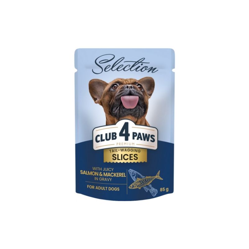 Влажный корм для собак Club 4 Paws Selection Плюс Кусочки с лососем и макрелью в соусе 85 г (4820215368056) (12 шт)