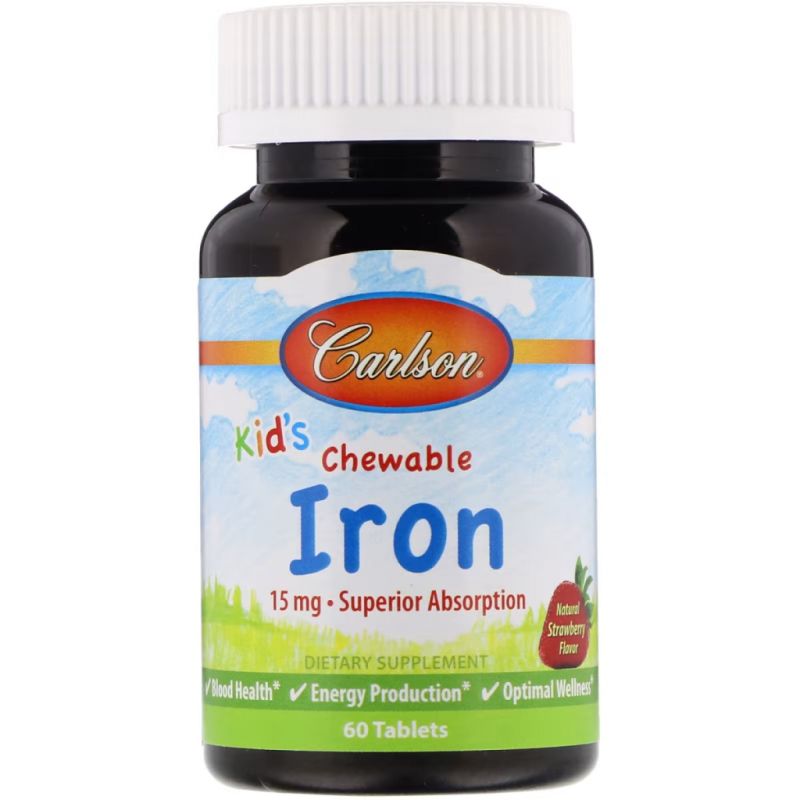 Минералы Carlson Железо Детское, 15 мг, вкус клубники, Kid's Chewable Iron, 60 жеват (CAR-55940)