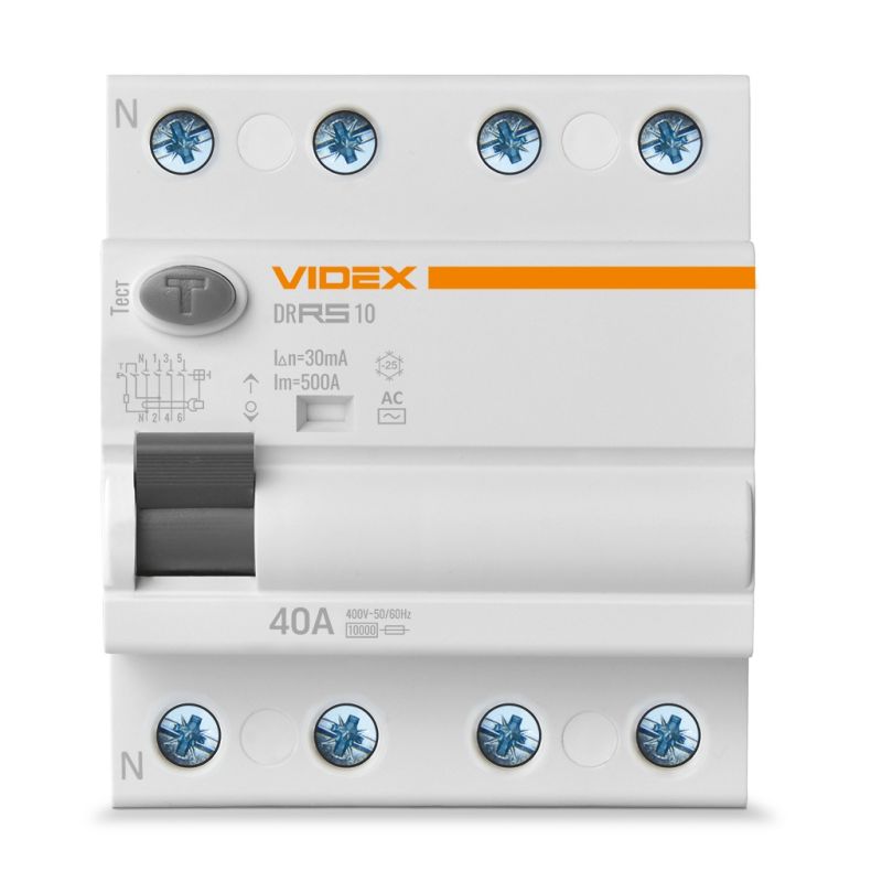 Диференційне реле (ПЗВ) Videx RESIST АС 4п 30мА 10кА 40А (VF-RS10-DR4AC40)
