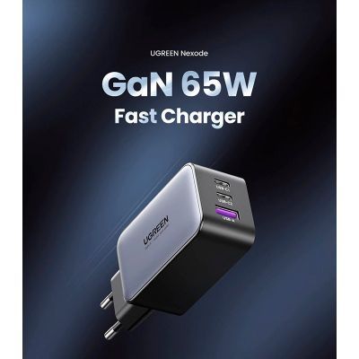 Зарядний пристрій Ugreen 2xUSB-C + 1xUSB 65W GaN gray (10335)