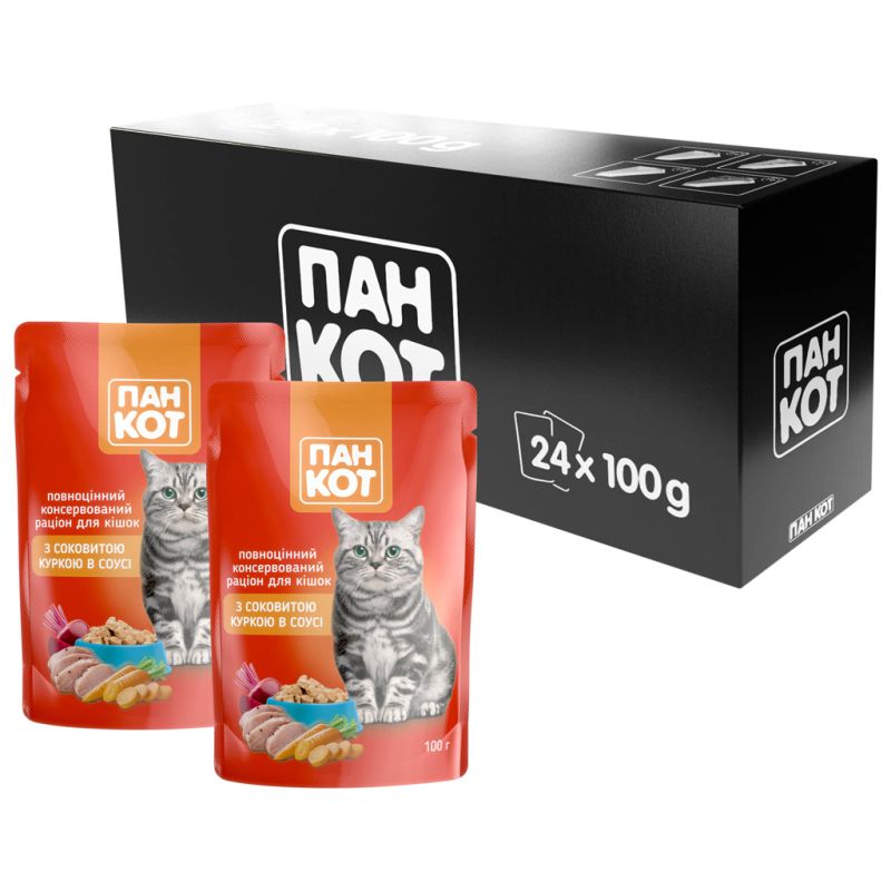 Вологий корм для кішок Пан Кот курка в соусі 100 г (4820111140985) (24 шт)