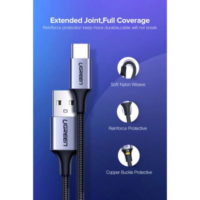 Дата кабель USB 2.0 AM to USB-C 3.0m 3.0A 18W US288 Space Gray Ugreen (60408)