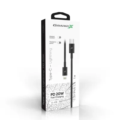 Дата кабель USB-C to Lightning 1.0m 20W (CL-07B) Black Grand-X (CL-07B)