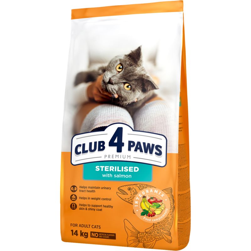 Сухой корм для кошек Club 4 Paws Premium для взрослых стерилизованных с лососем 14 кг (4820215369497)