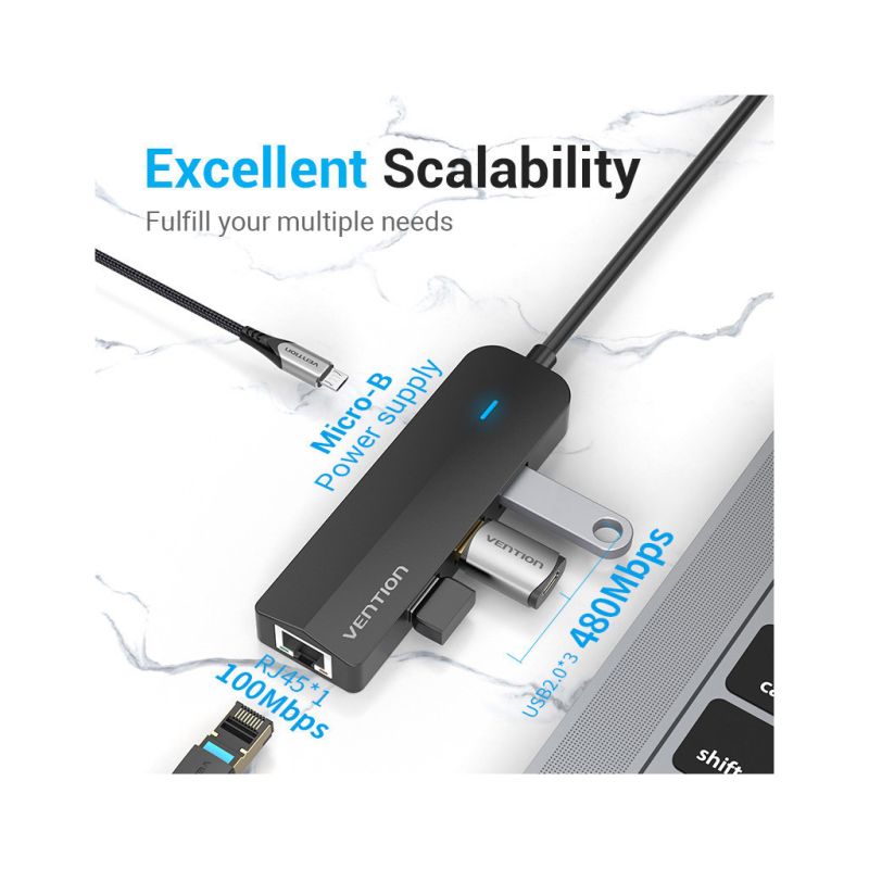 Концентратор Vention USB-C to 3xUSB 2.0+MicroUSB+RJ45 100M Ethernet black (TGOBB)