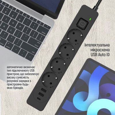 Мережевий фільтр живлення ColorWay (CW-CHE432PDB), 4 розетки/3USB 2M (CW-CHE432PDB)
