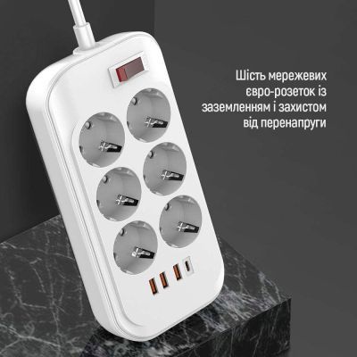Мережевий фільтр живлення ColorWay (CW-CHE64PDW), 6 розеток/4USB 2M (CW-CHE64PDW)