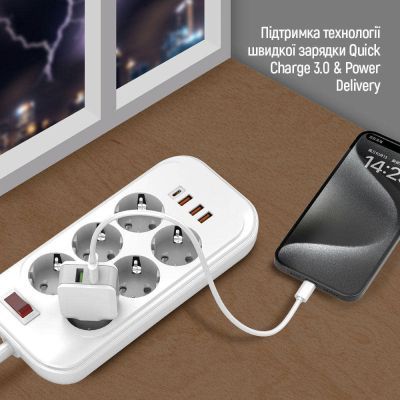 Мережевий фільтр живлення ColorWay (CW-CHE64PDW), 6 розеток/4USB 2M (CW-CHE64PDW)