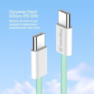 Дата кабель USB-C to USB-C 1.0m 60W 3.0А green ColorWay (CW-CBPDCC061-G)