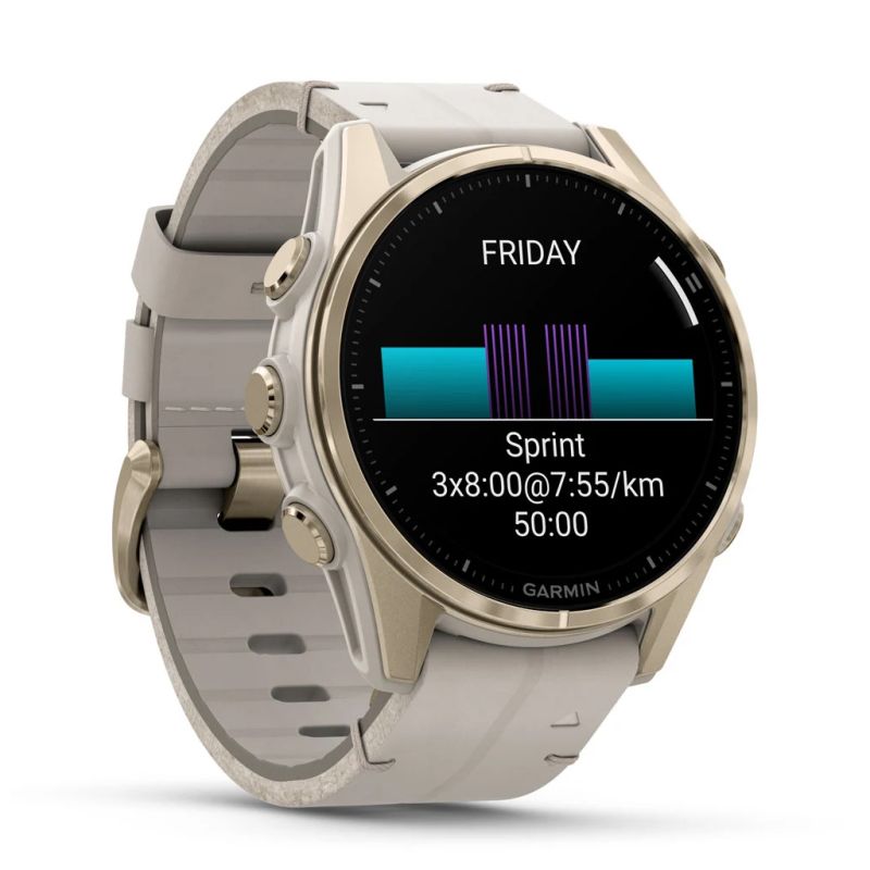 Смарт-часы Garmin fenix 8 43mm, AMOLED, Saph, SftGldSS/FogGryLeatherBnd, Excl, GPS (010-02903-40)