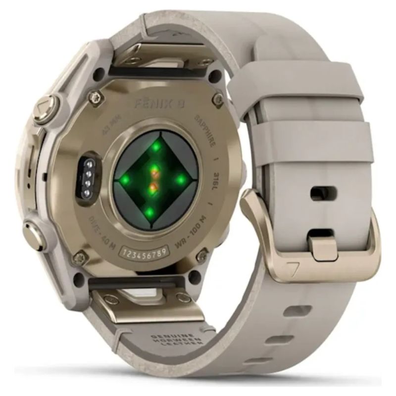 Смарт-часы Garmin fenix 8 43mm, AMOLED, Saph, SftGldSS/FogGryLeatherBnd, Excl, GPS (010-02903-40)