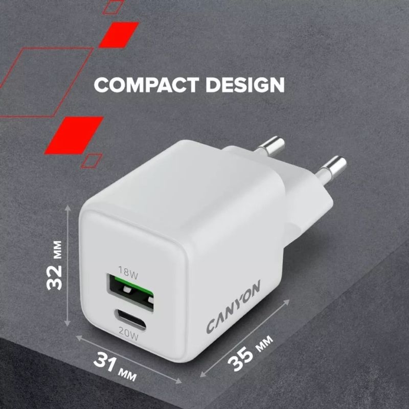 Зарядное устройство Canyon CU20AC GaN 20W 1xPD 1xQC EU White (CNS-CUW20AC)