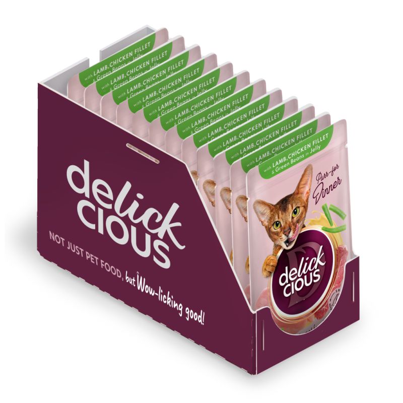 Влажный корм для кошек Delickcious Кусочки с ягнятиной, куриным филе и фасолью спаржевой в желе 85 г (4820269143128) (12 шт)