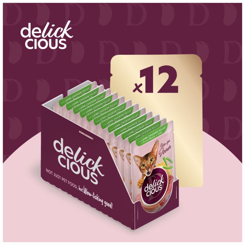 Влажный корм для кошек Delickcious Кусочки с ягнятиной, куриным филе и фасолью спаржевой в желе 85 г (4820269143128) (12 шт)